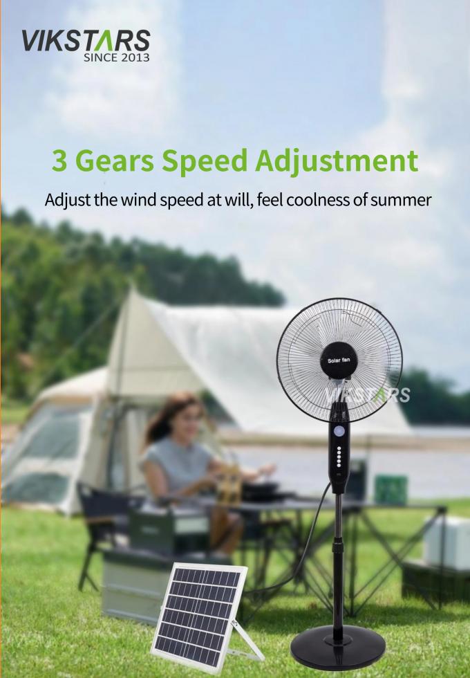 Hot-Selling 5-Klingen 16-Zoll wiederaufladbar Solar Standing Ventilator mit LED-Licht mit Panel und Batterie Stand Boden Solar Ventilator 15